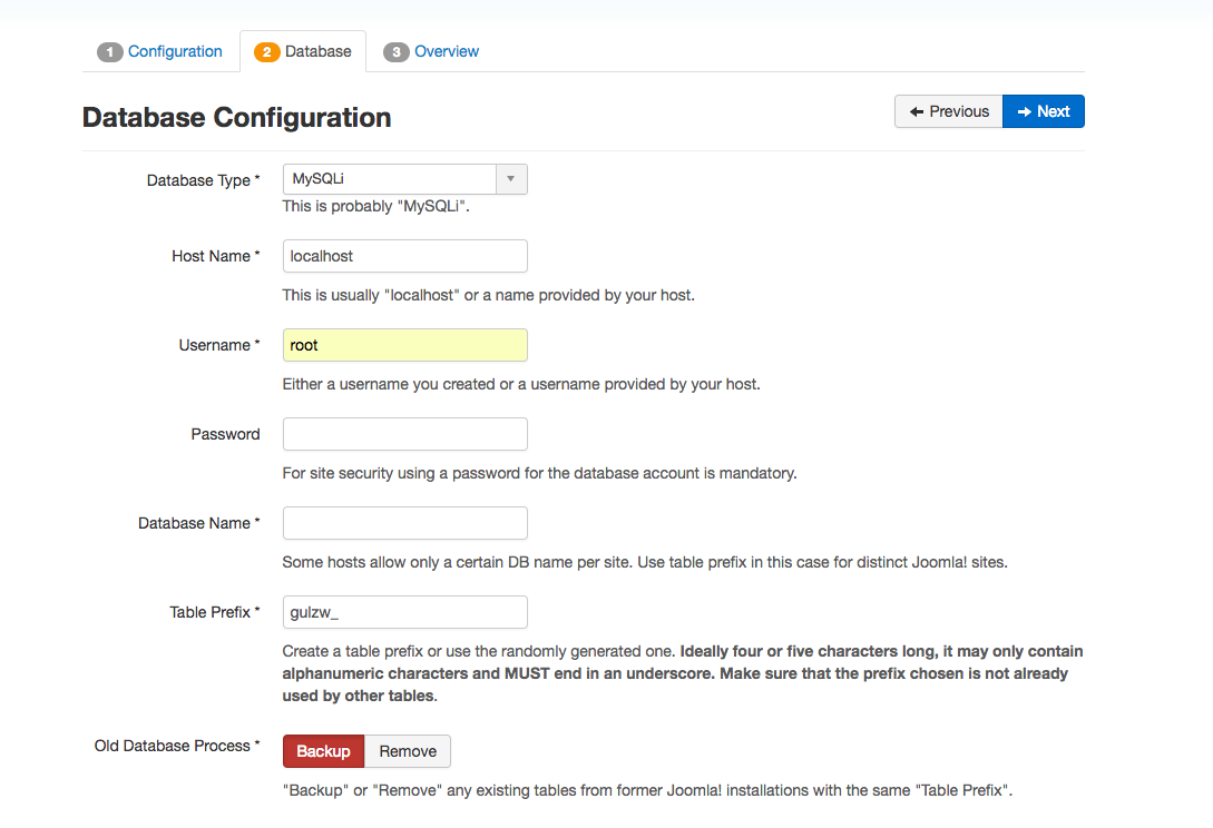 Database configuration step of Joomla installation