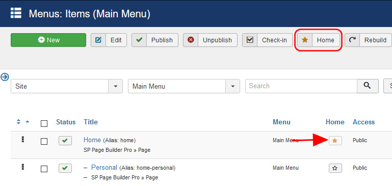 home page - menu settings