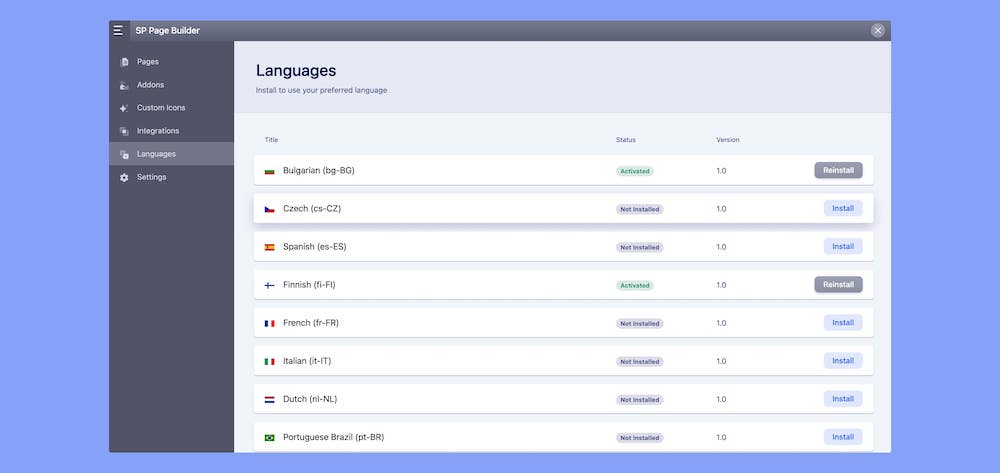 SP Page Builder 4.0 Dashboard Languages