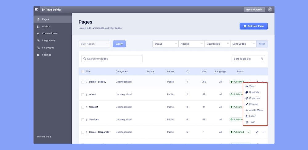 Pages Edit Manage
