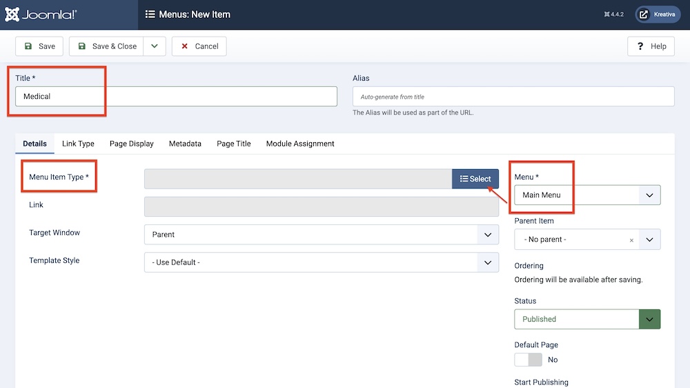 Creating SP Medical Menu Item