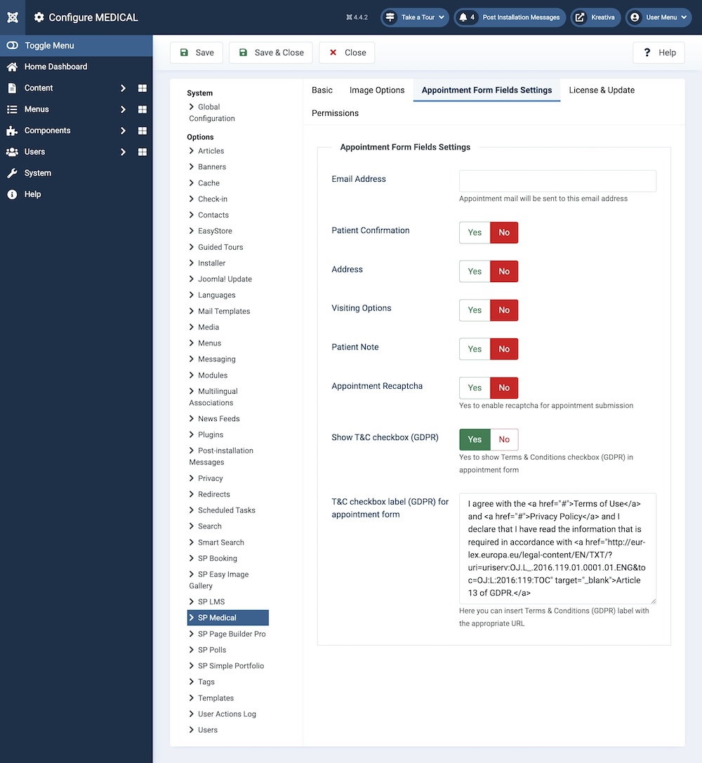 SP Medical Global Configuration Appointment Form Fields Settings