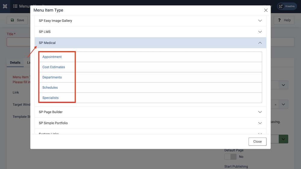 SP Medical Menu Types