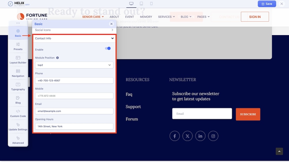 Header Settings: Contact Info in Fortune Template Header Settings: Contact Info in Fortune Template