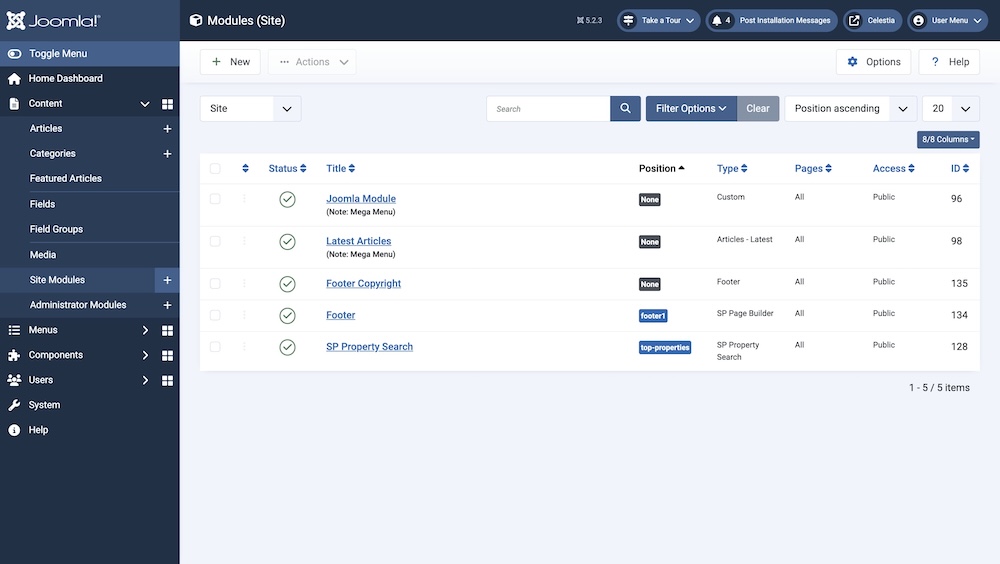 Site Modules Used in Celestia Template
