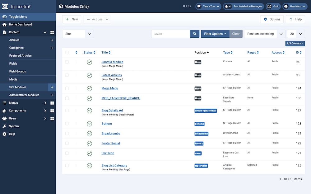 Site Modules Used in Orbit Template