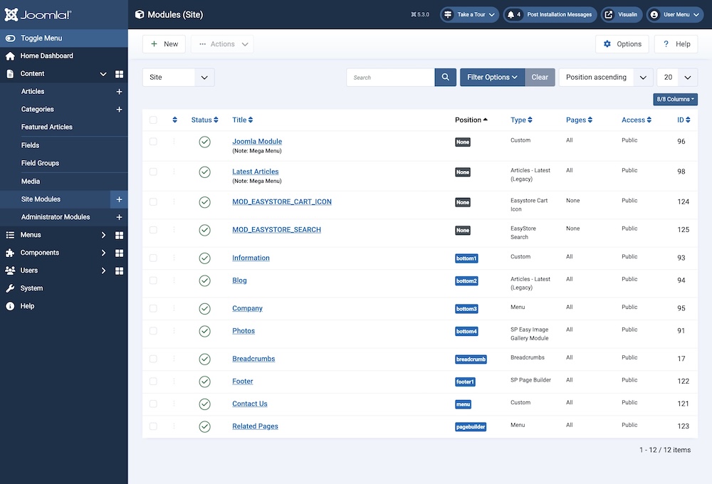 Site Modules Used in Visualin Template