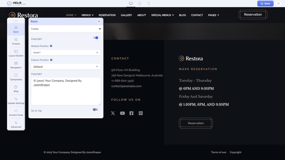 Footer Settings in Restora Template Footer Settings in Restora Template