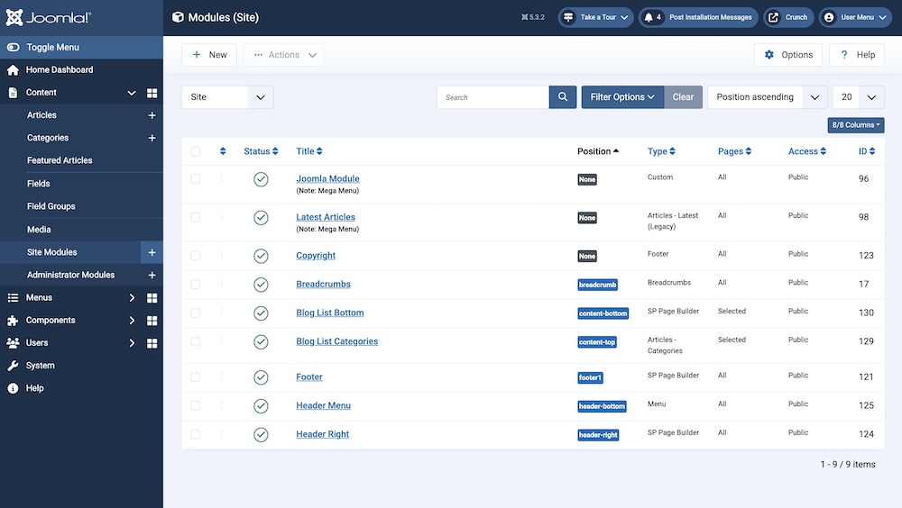 Site Modules Used in Crunch Template