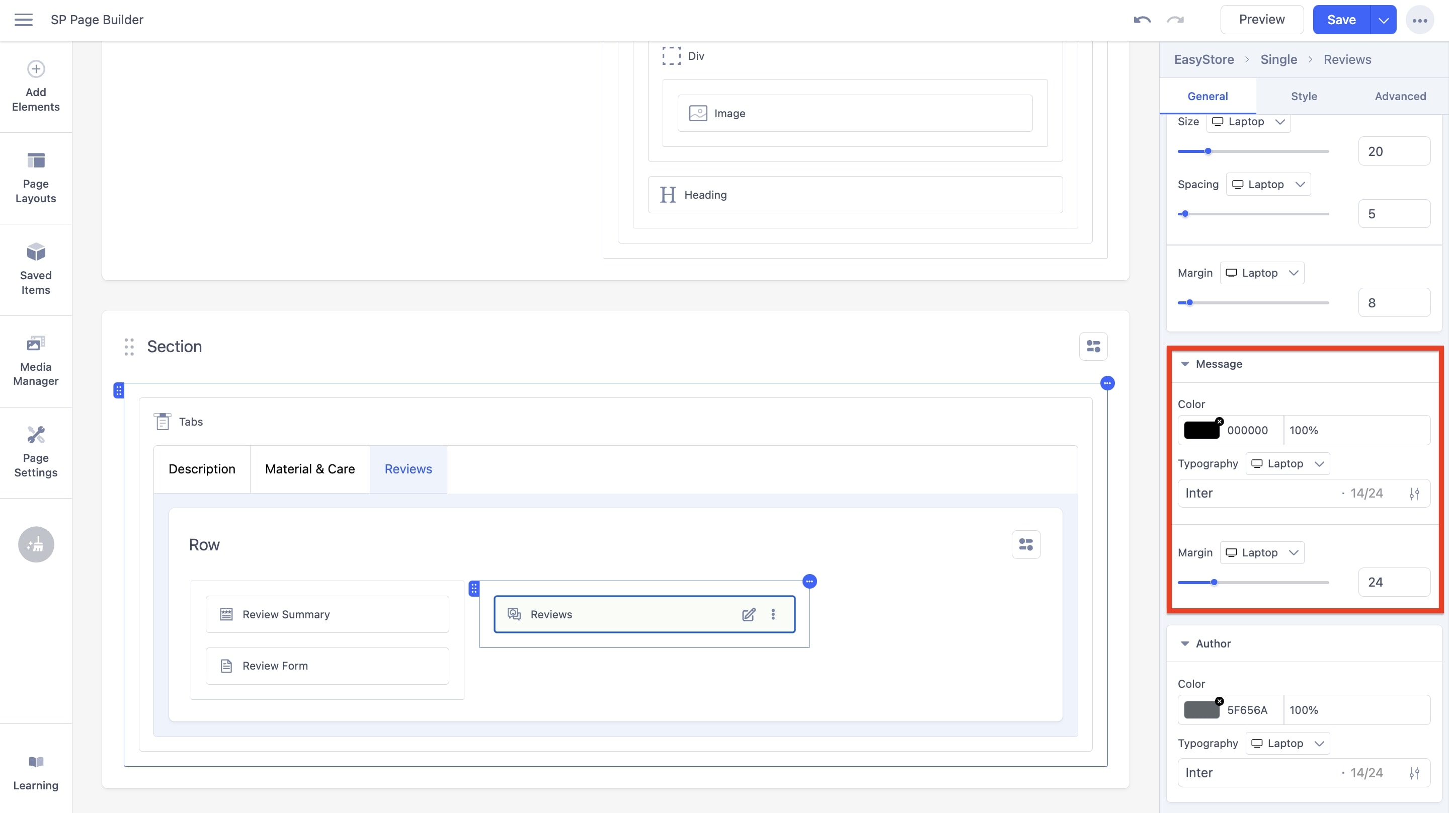Reviews Addon Message Settings