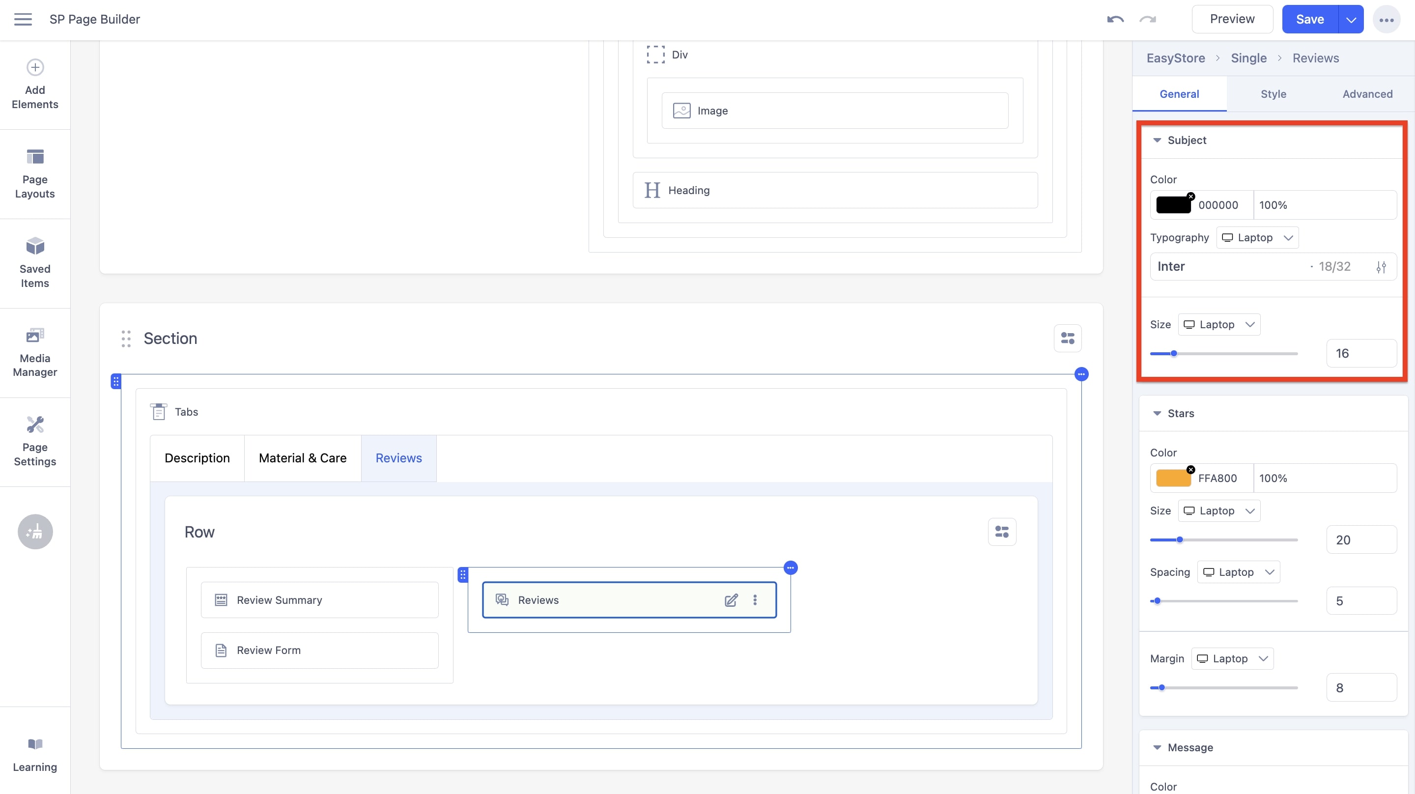 Reviews Addon Subject Settings