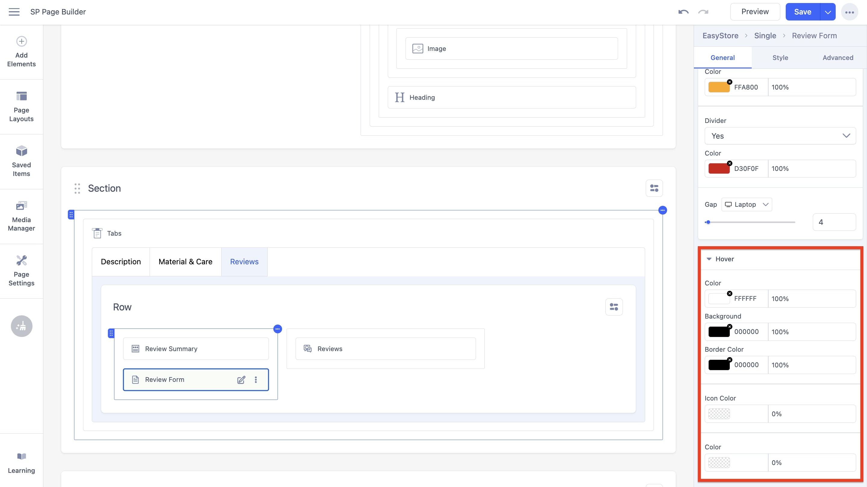 Review Form Hover State Options