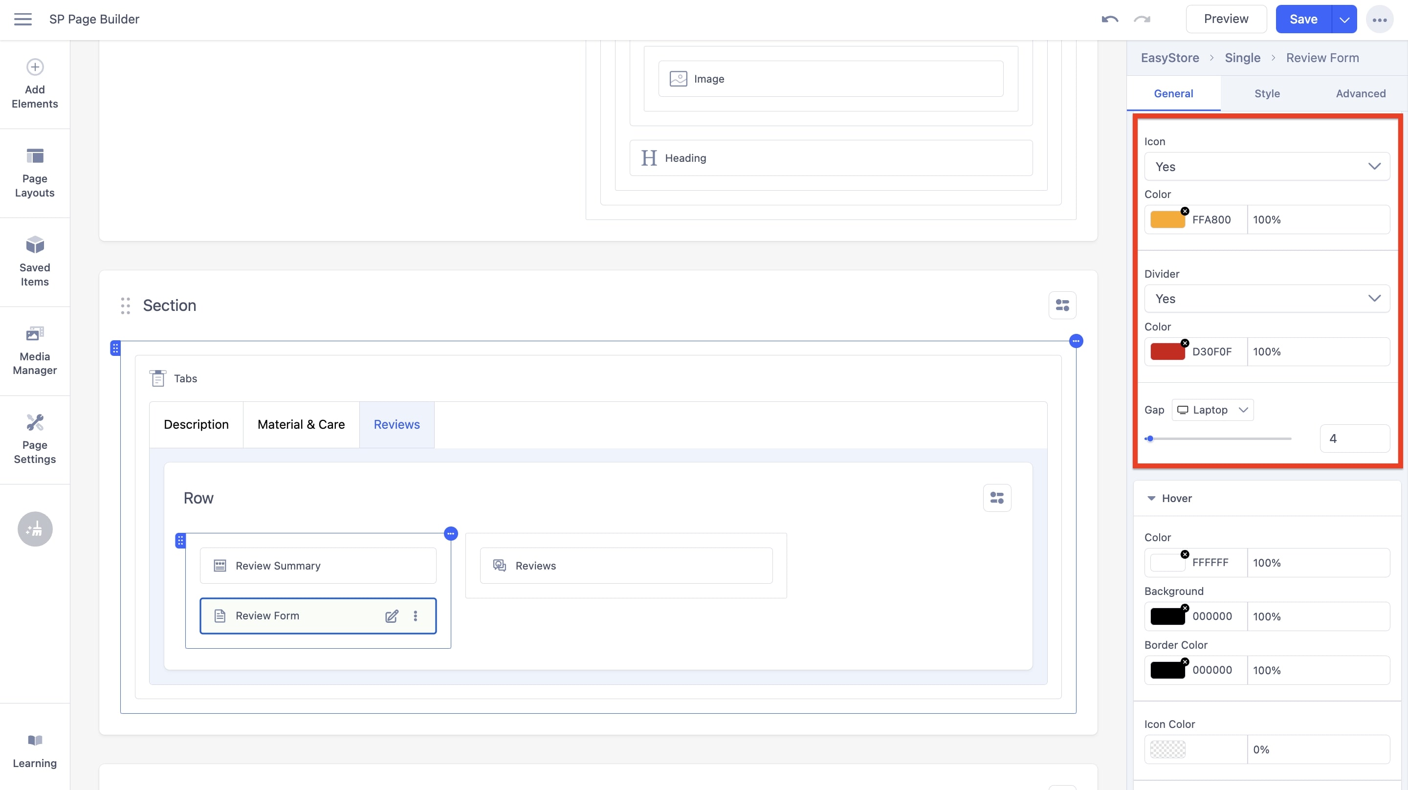 Review Form Normal State Options