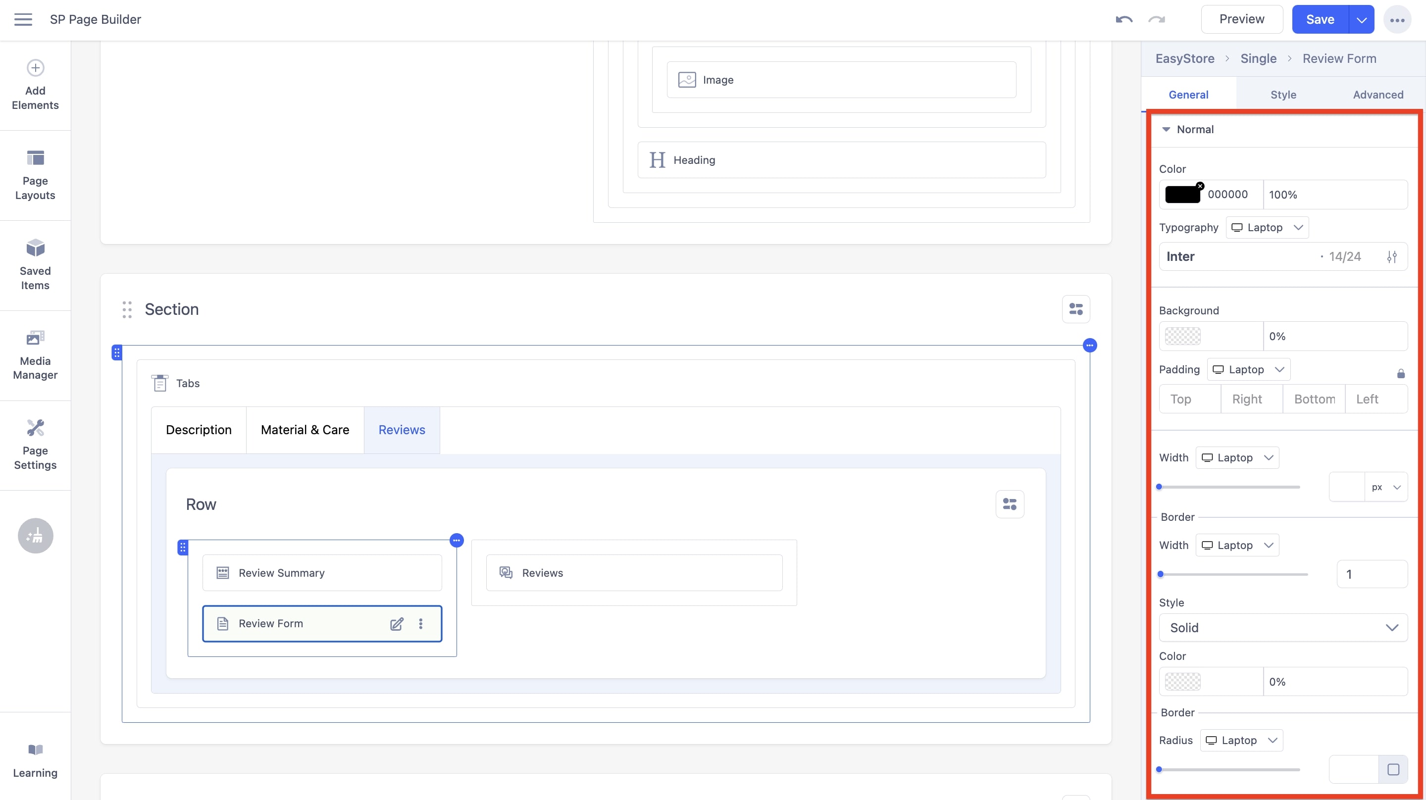 Review Form Normal State Options