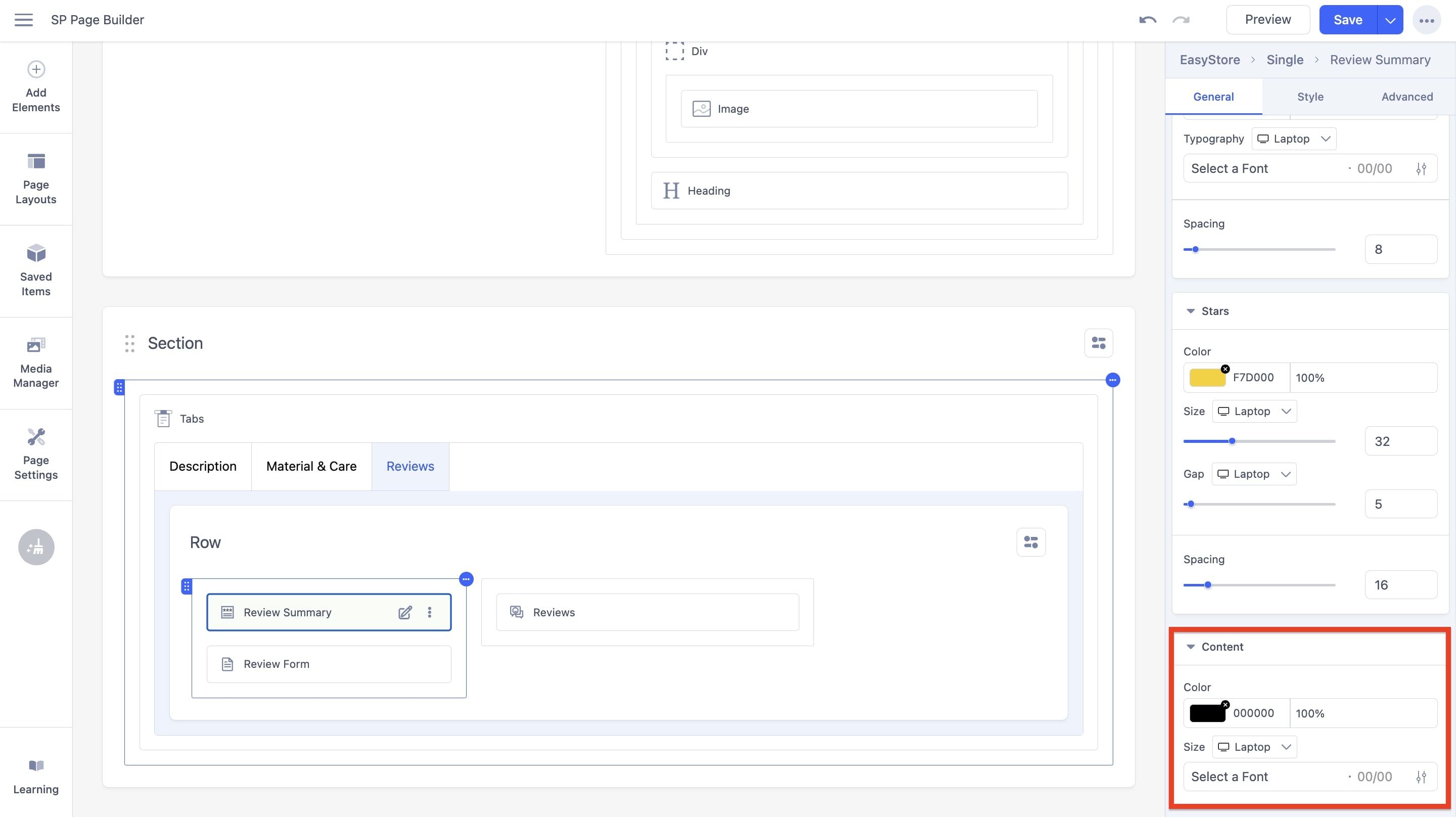 Review Summary Addon Content Settings