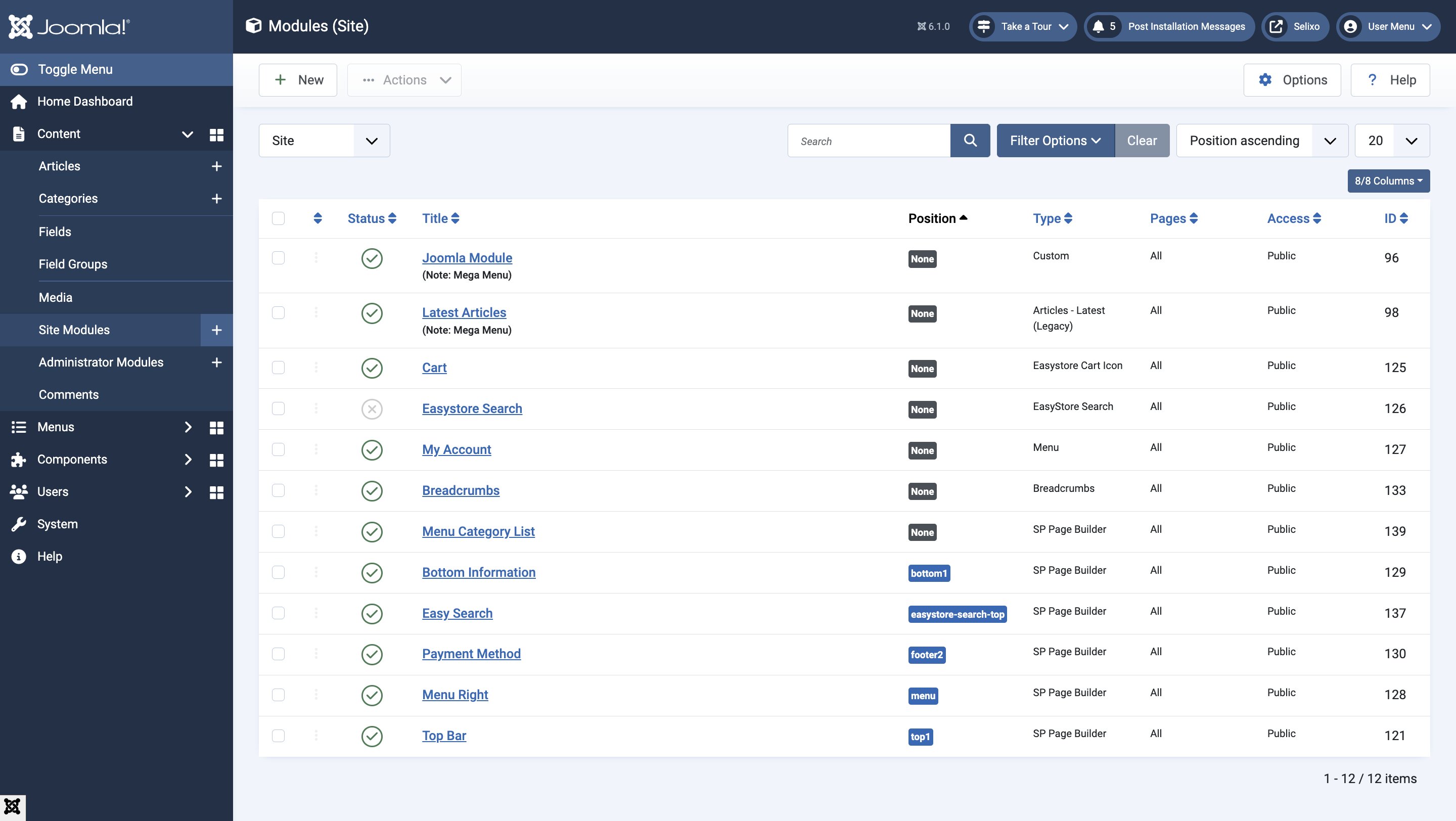 Site Modules Used in Selixo Template