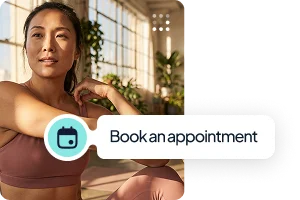 Woman in activewear with a Book an appointment button