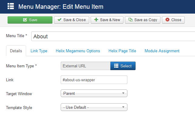 onepage - menu manager