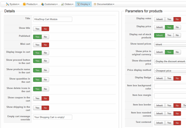 HikaShop Cart Module-settings