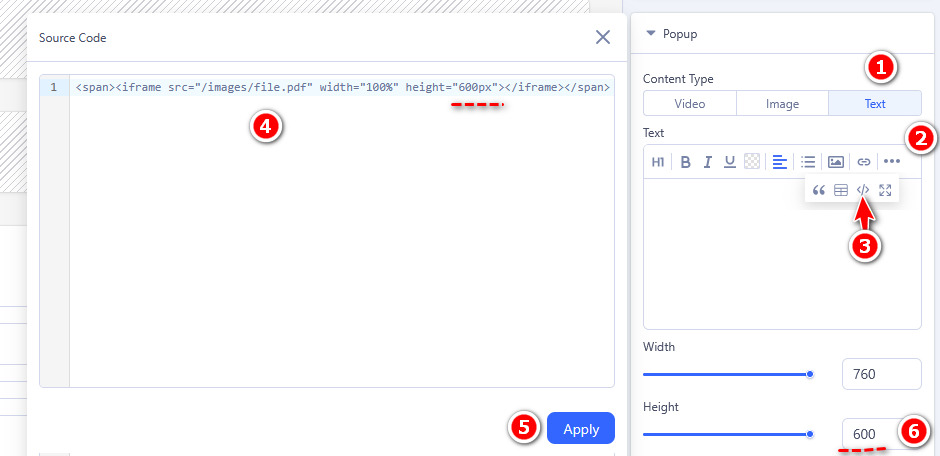 pdf file inside popup