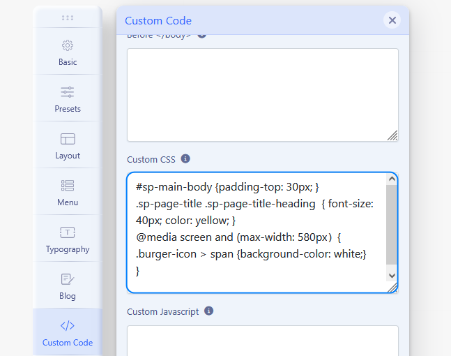 Example CSS code